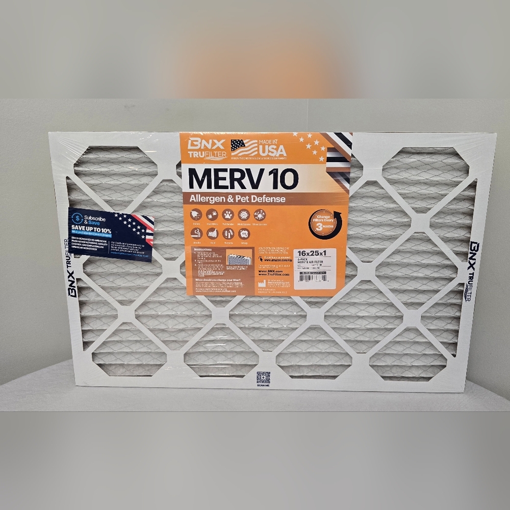 4 BNX TruFilter 16x25x1 MERV 10 Pleated Furnace Air Filters Allergen Pet Defense